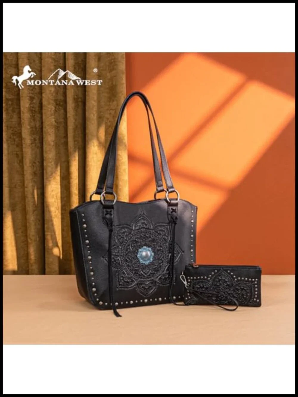 Faux Leather Western Tote Bag with Wallet Set for Women